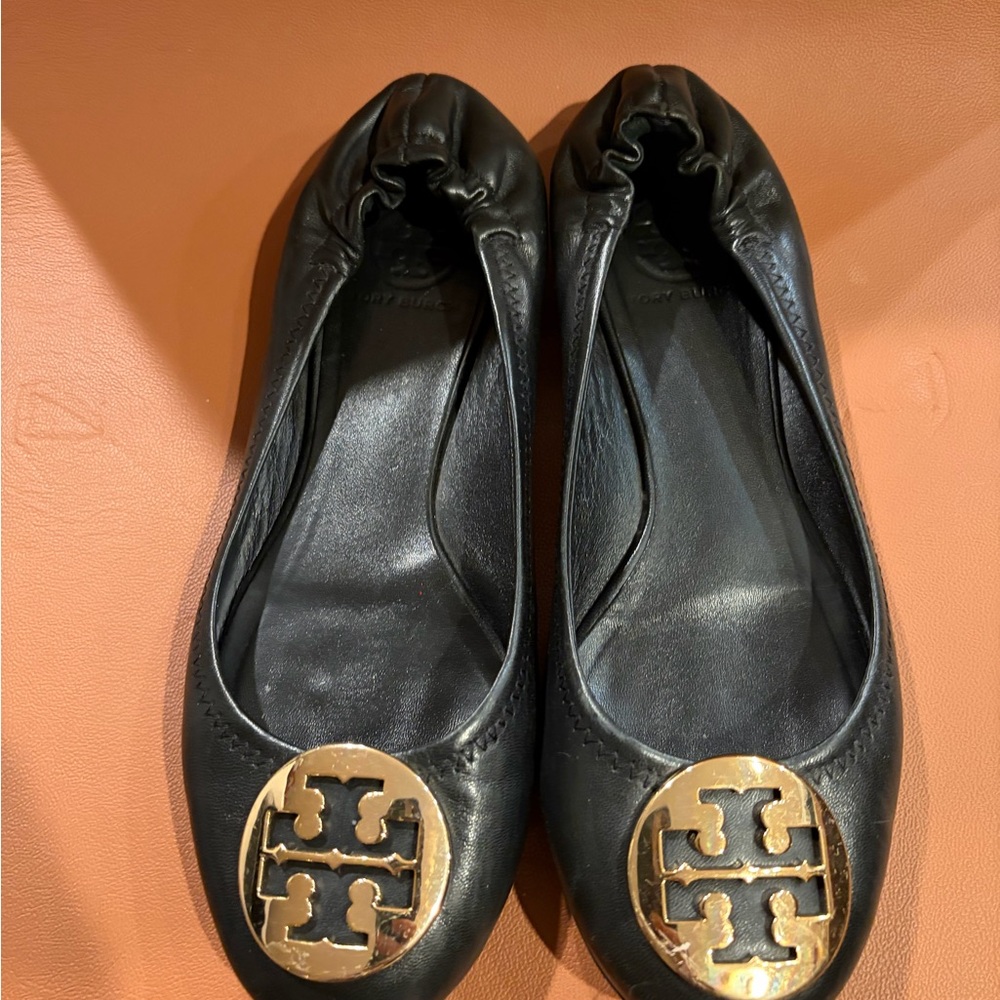 Tory Burch Black Leather Reva Ballet Flats with Gold Emblems